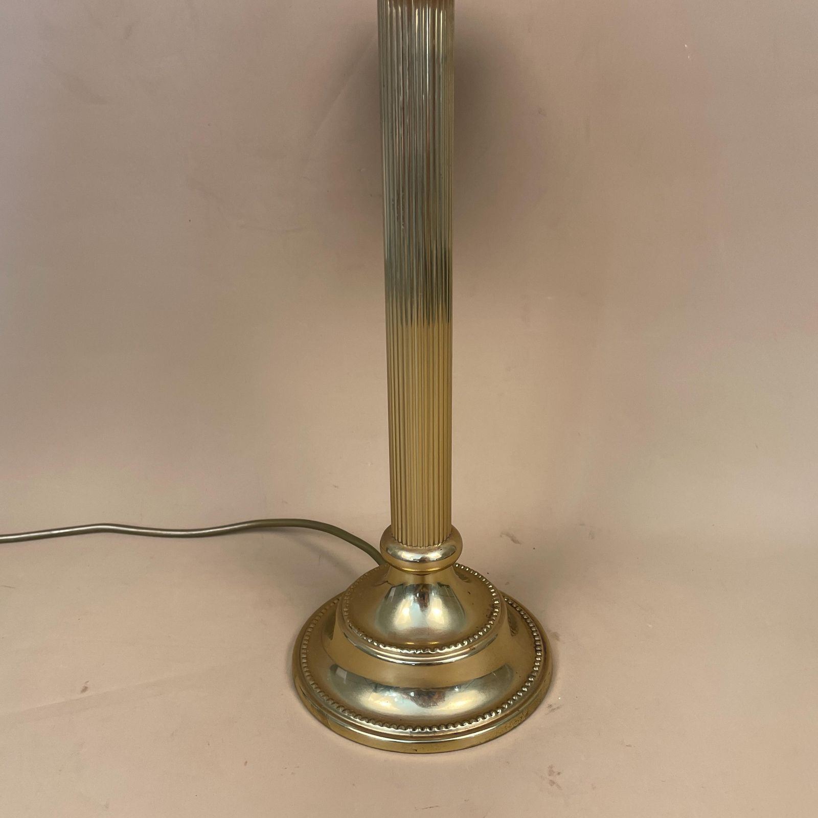Antique Metal Gold Brass Lamp Light Bedside Side Table Desk Column Pillar Base Ornate Detail Medium Vintage Lampshade Shade Yellow Damask photo for sale