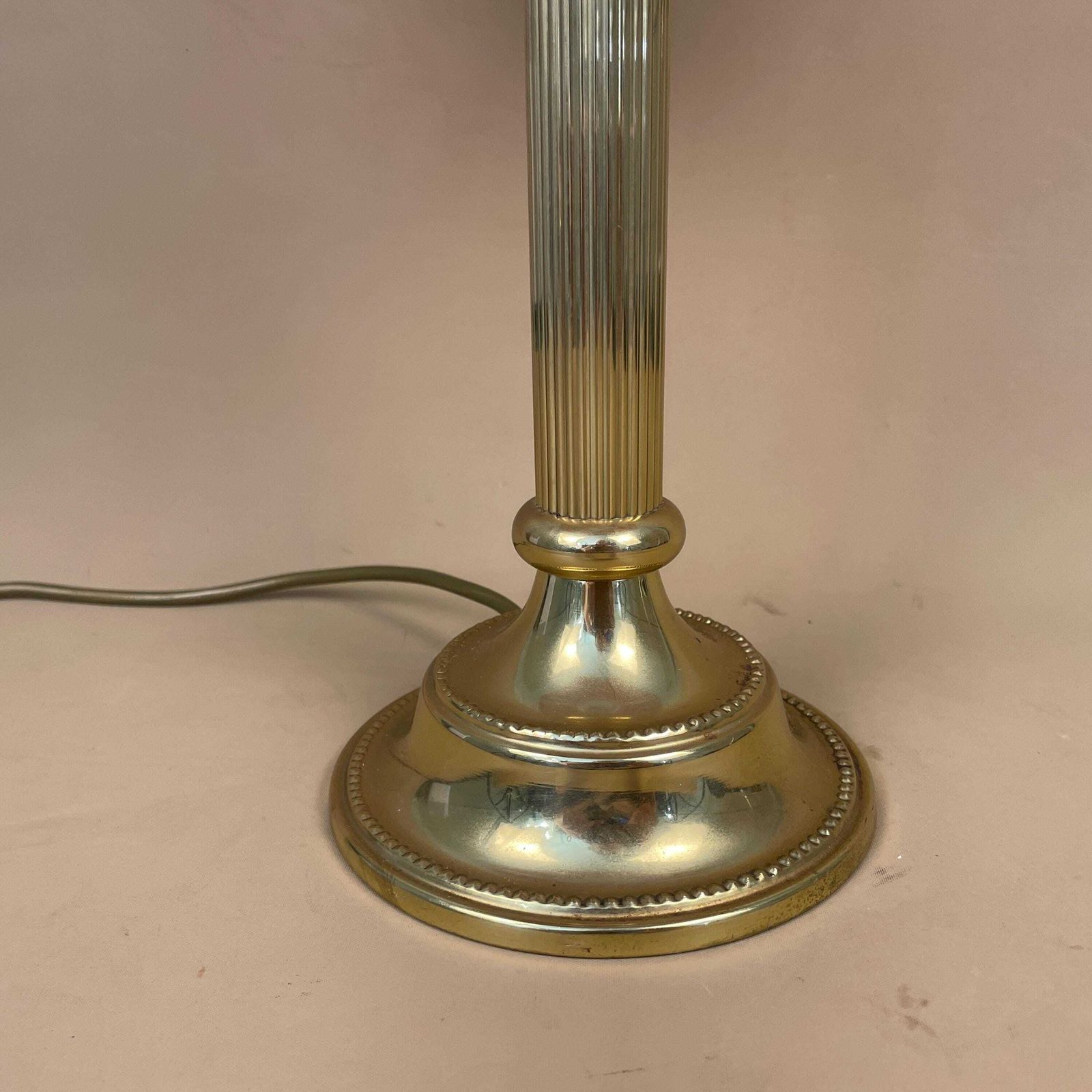Antique Metal Gold Brass Lamp Light Bedside Side Table Desk Column Pillar Base Ornate Detail Medium Vintage Lampshade Shade Yellow Damask photo Lighting