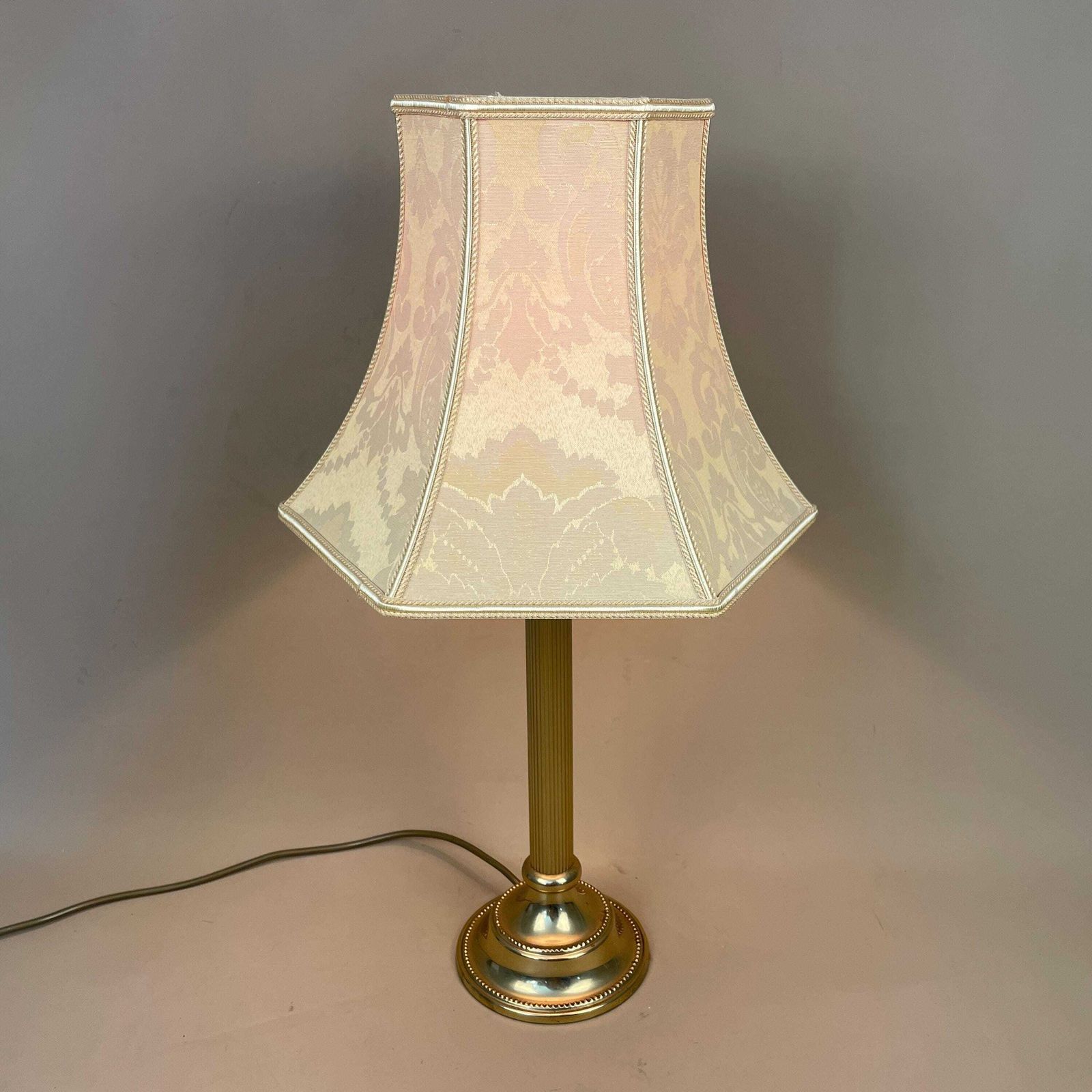 Antique Metal Gold Brass Lamp Light Bedside Side Table Desk Column Pillar Base Ornate Detail Medium Vintage Lampshade Shade Yellow Damask photo buy