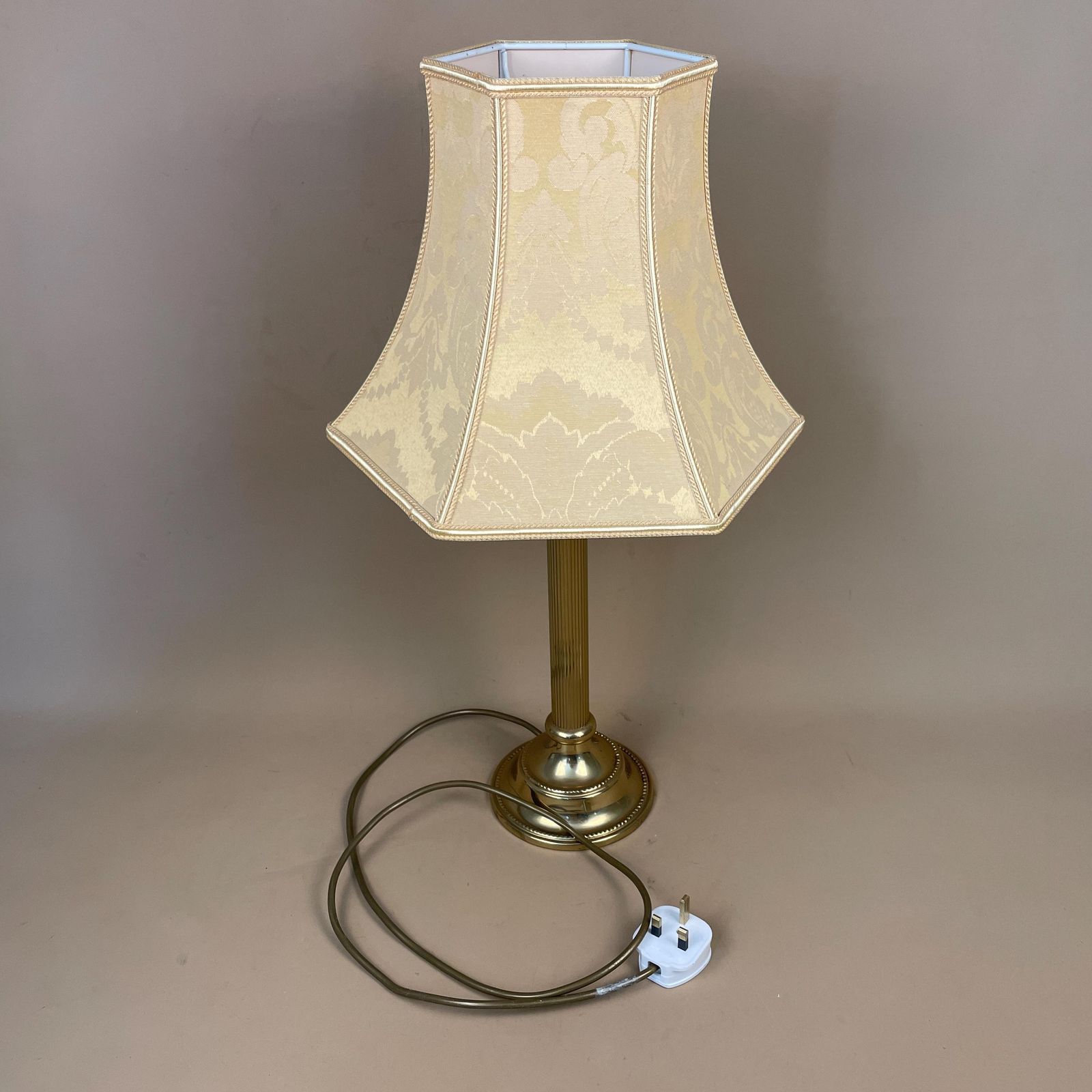 photo furniture Antique Metal Gold Brass Lamp Light Bedside Side Table Desk Column Pillar Base Ornate Detail Medium Vintage Lampshade Shade Yellow Damask