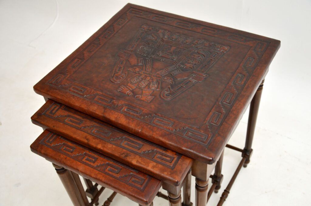 photo for sale Antique Embossed Leather Top Nest Of Tables