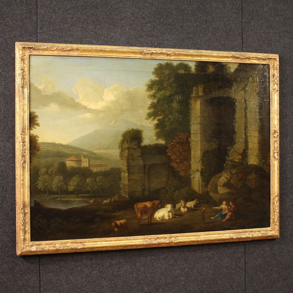 Great 17th Century Italian Painting, Bucolic Landscape With Ruins photo Art