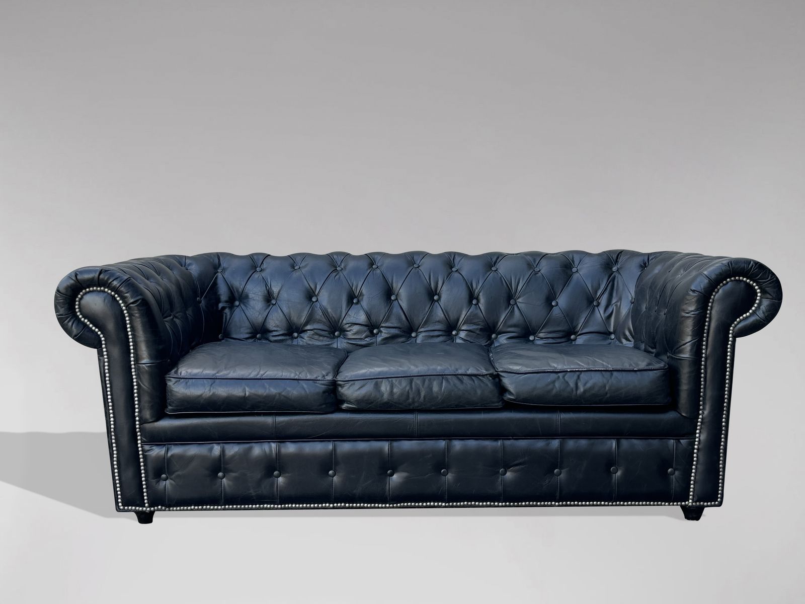 Three Seater Black Leather Chesterfield Sofa