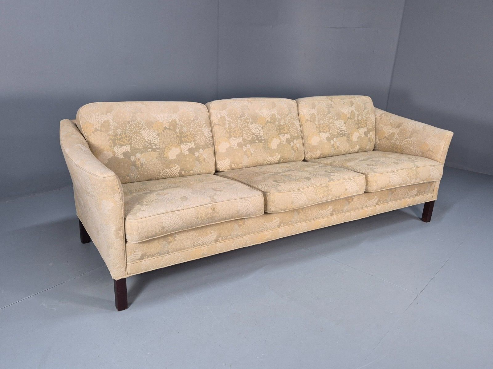 Vintage Danish 3 Seat Sofa Mid Century Shape Floral Cream Cotton 70s Eb9579 M3ss