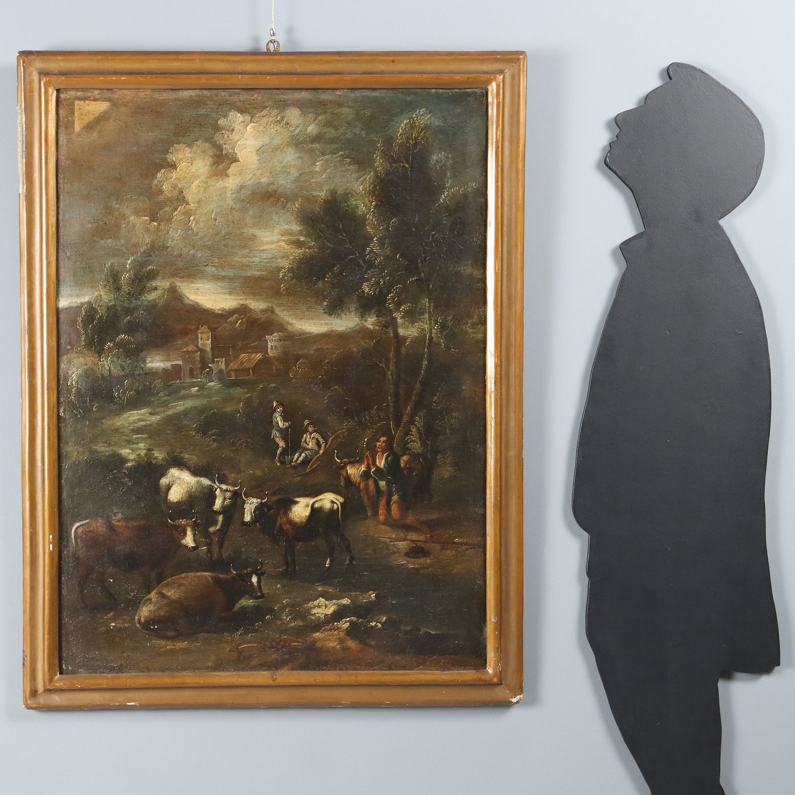 Landscape With Figures And Herd Antique Painting XVIII Century photo furniture