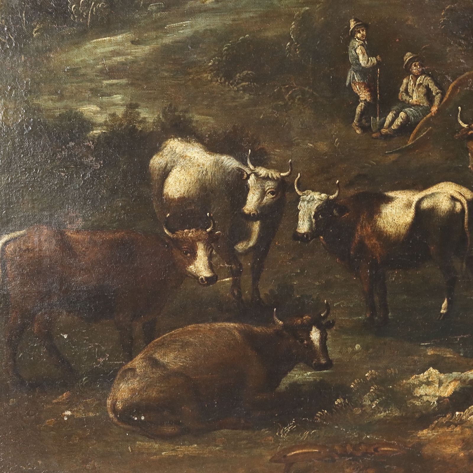 Landscape With Figures And Herd Antique Painting XVIII Century photo vinterior