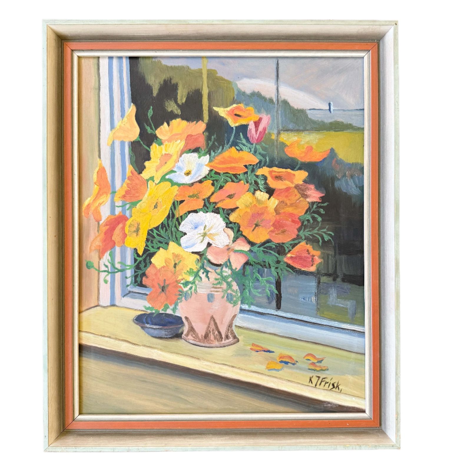 Poppies By The Sea. Vintage Swedish Oil Painting.