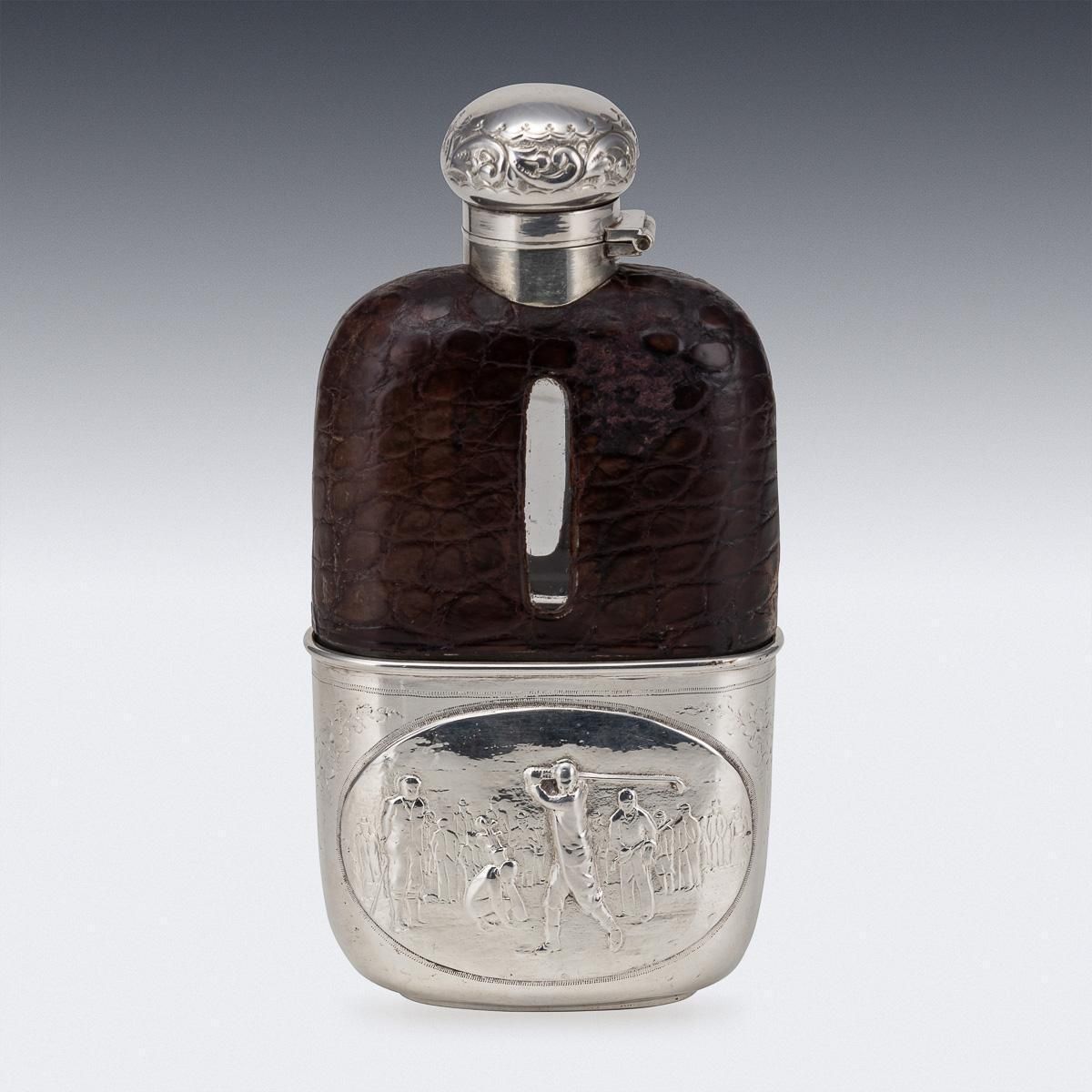 Antique 20thc Novelty Silver Plate & Crocodile Leather Golfing Hip Flask C.1920 photo for sale