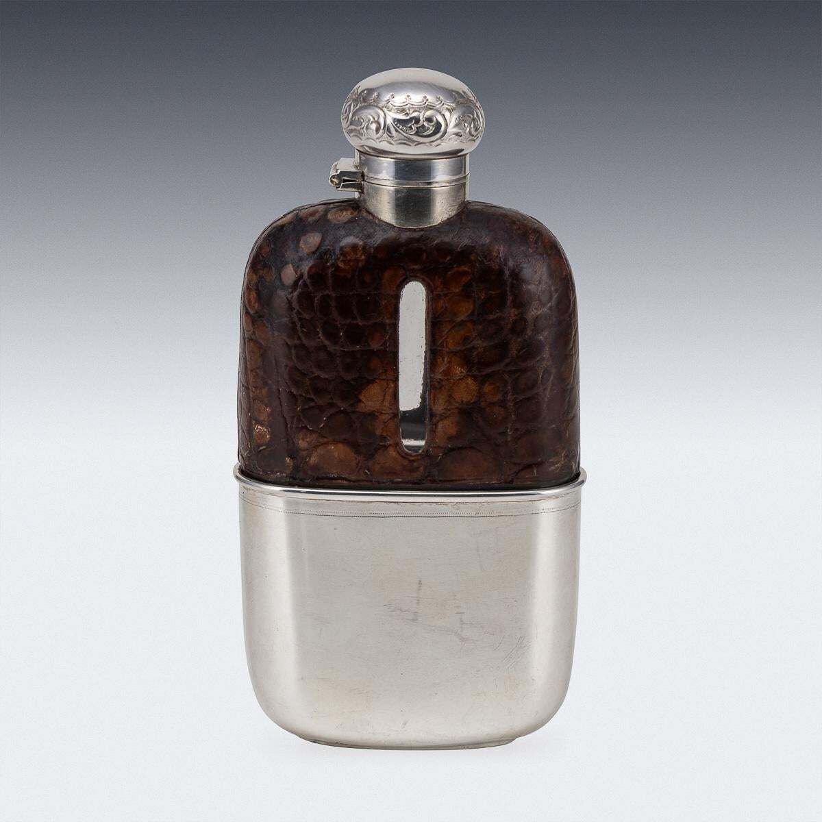 Antique 20thc Novelty Silver Plate & Crocodile Leather Golfing Hip Flask C.1920 photo Home Decor