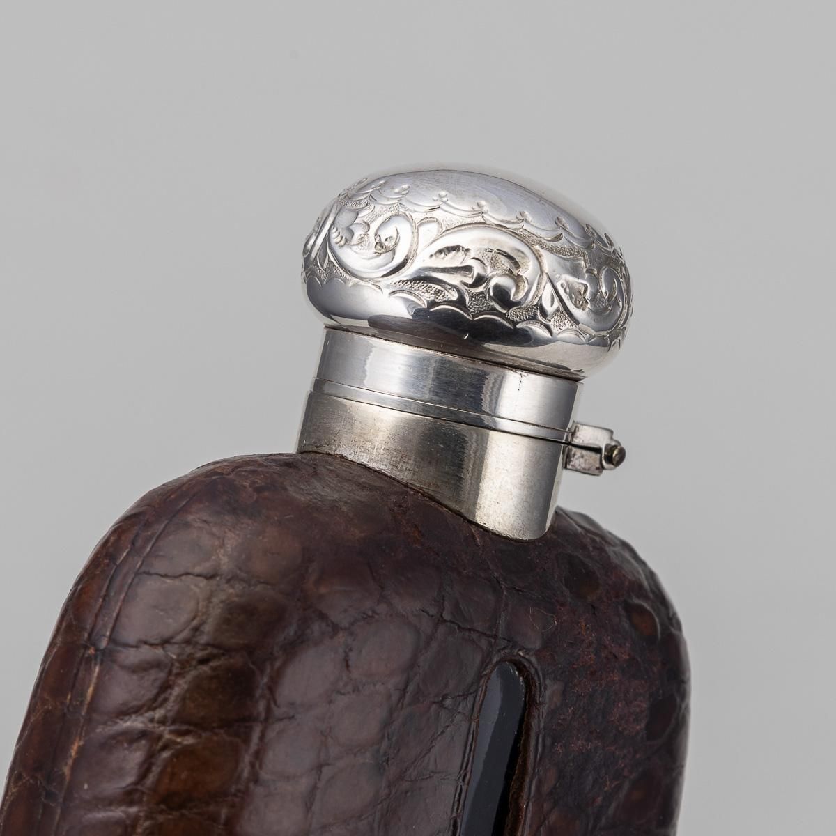 Antique 20thc Novelty Silver Plate & Crocodile Leather Golfing Hip Flask C.1920 photo buy