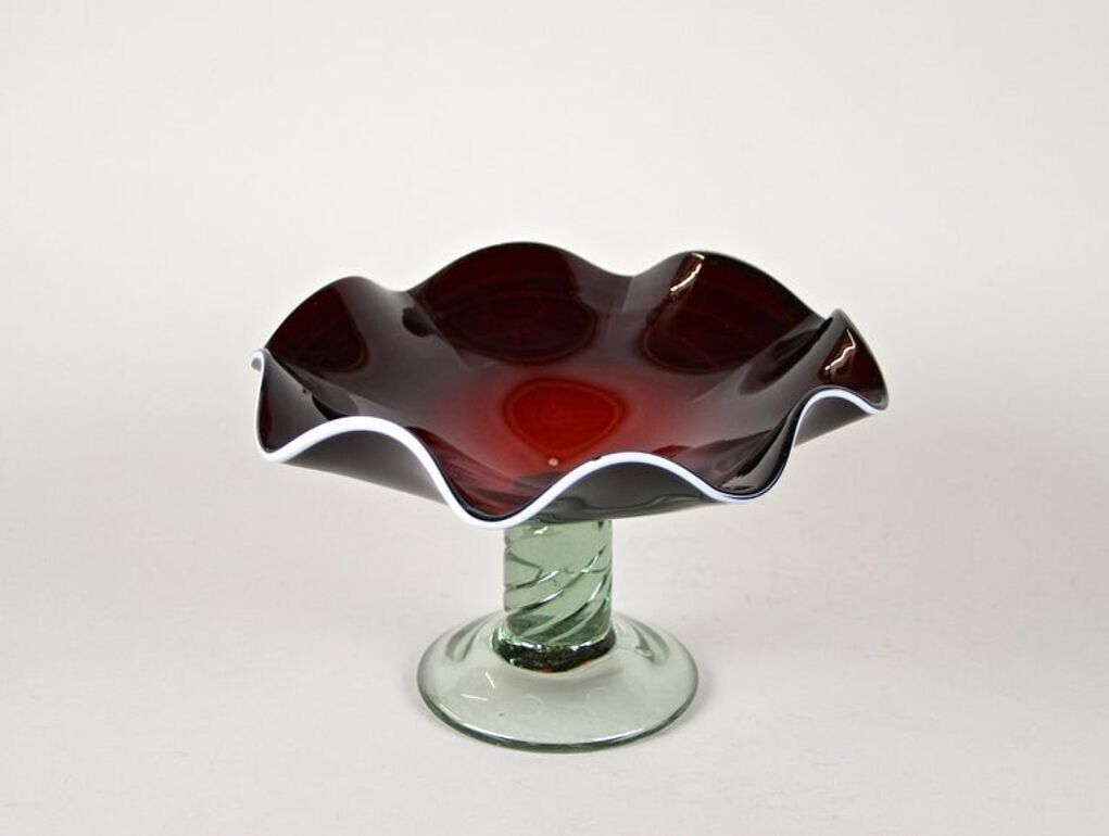 20th Century Dark Red Murano Glass Bowl/ Centerpiece With Green Base, Ca. 1970 photo buy