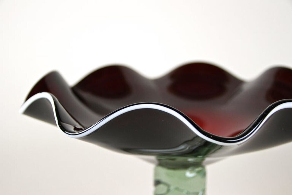 photo for sale 20th Century Dark Red Murano Glass Bowl/ Centerpiece With Green Base, Ca. 1970