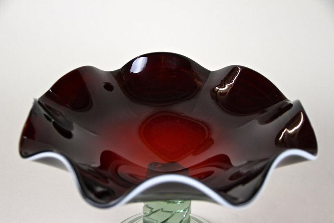 Home Decor 20th Century Dark Red Murano Glass Bowl/ Centerpiece With Green Base, Ca. 1970 photo