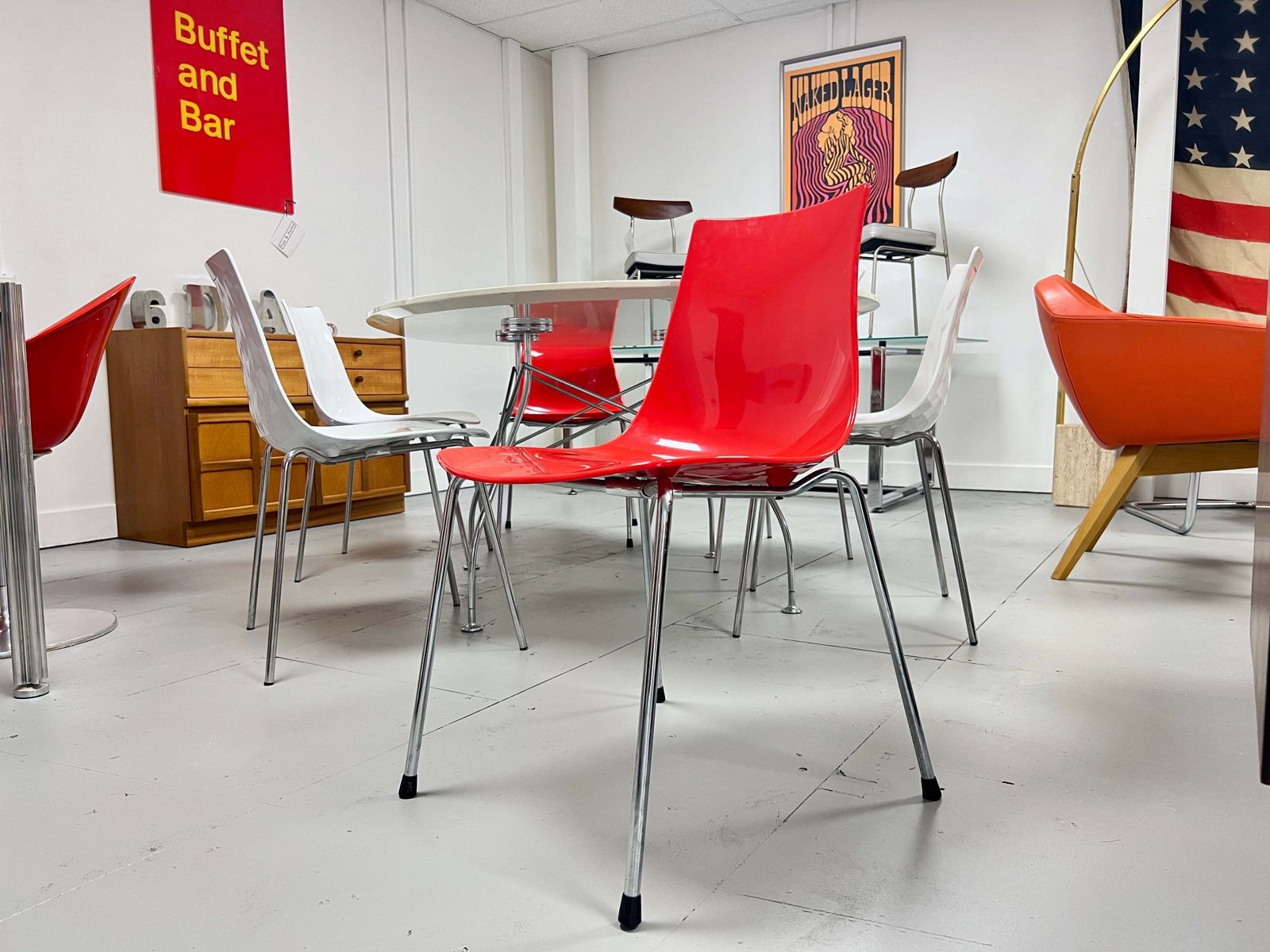 Set Of 6 Calligaris Ice Dining Chairs, 4 White, 2 Red photo furniture
