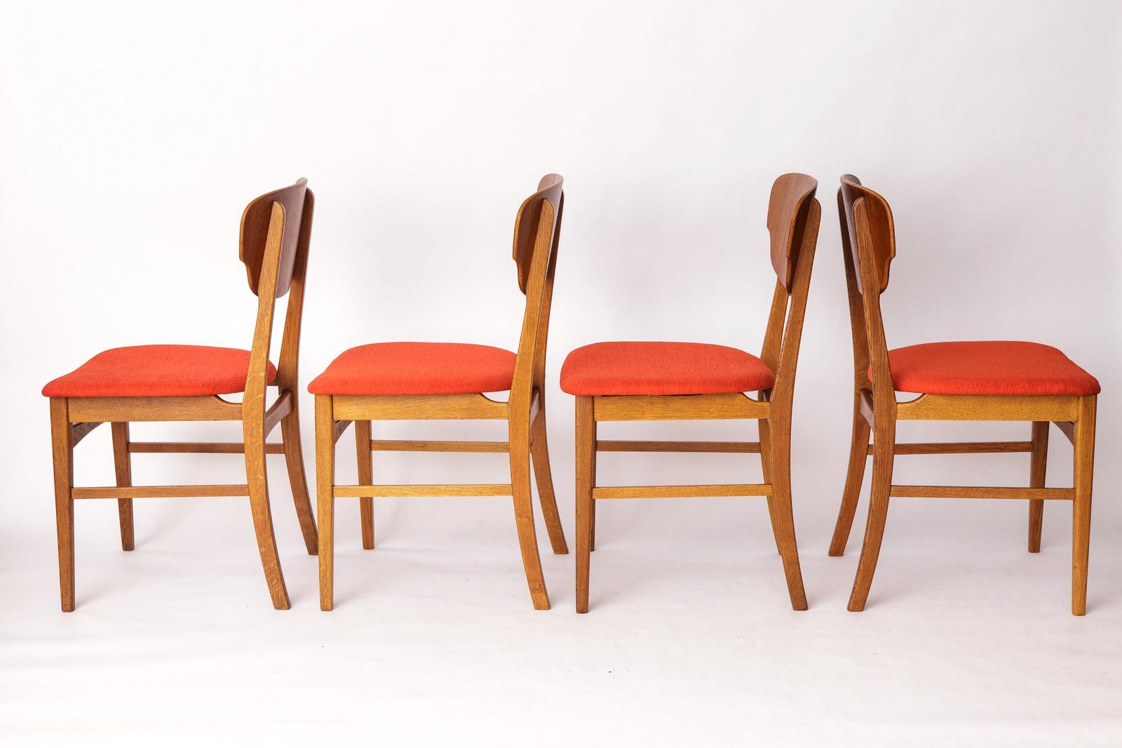 Set Of 4 Danish Dining Chairs – Teak & Oak, 1960s, Red Orange Upholstery photo furniture