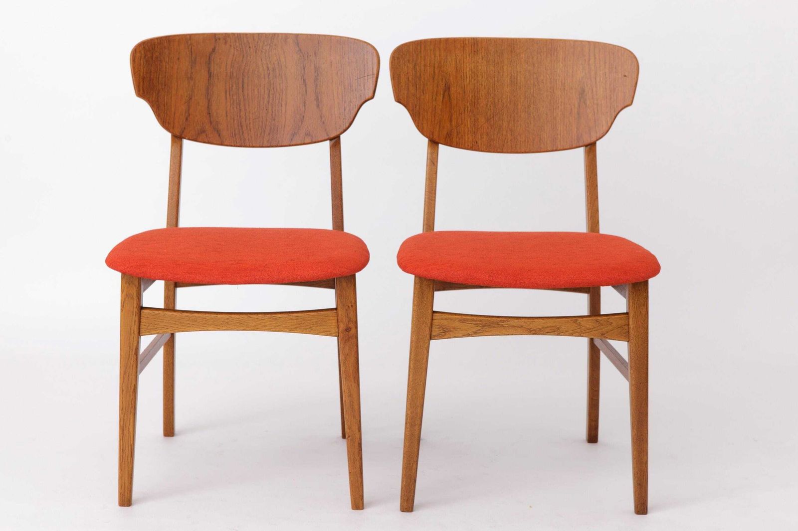 Set Of 4 Danish Dining Chairs – Teak & Oak, 1960s, Red Orange Upholstery photo Furniture