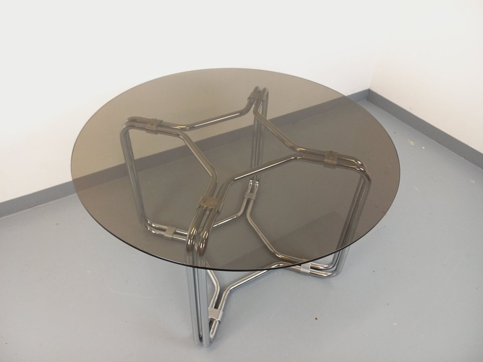 Space Age Round Table In Smoked Glass And Chrome Metal photo for sale