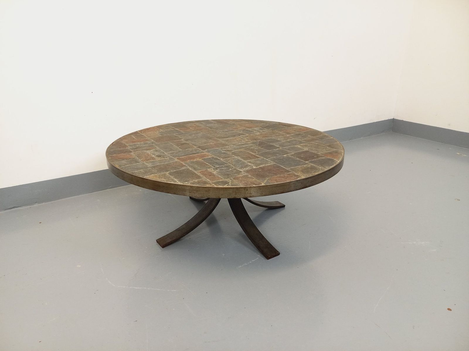 Brutalist Round Coffee Table In Metal And Slate photo for sale