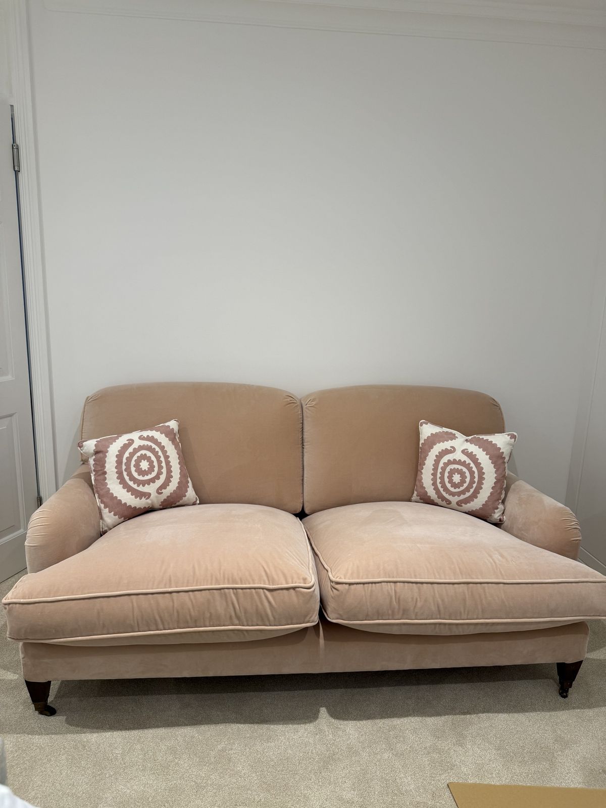 Upholstered Blush Pink Sofa photo for sale