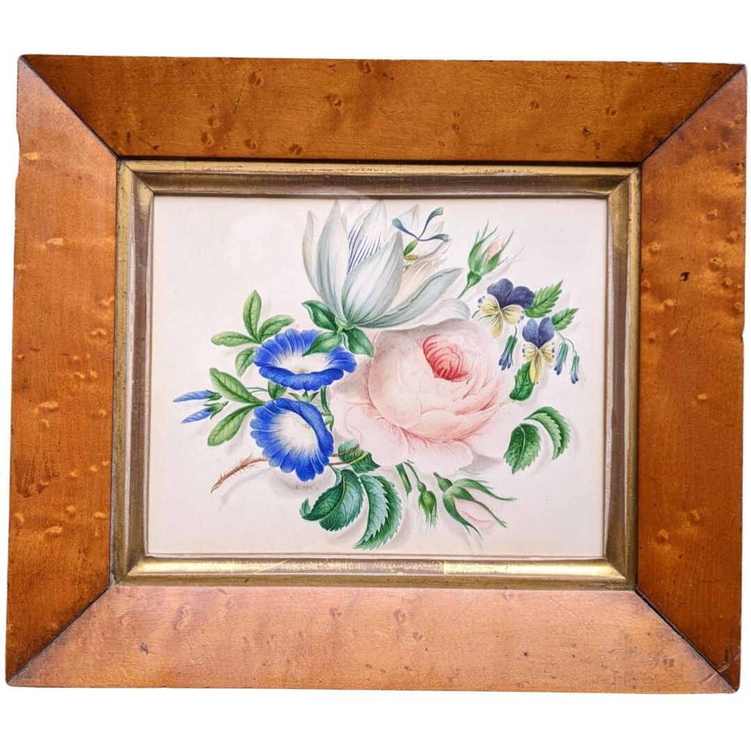 Antique Watercolour Painting Rose Blossom Maple Frame photo furniture