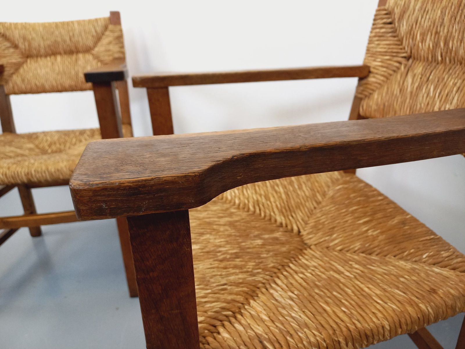 2 Brutalist Armchairs In Oak And Straw photo buy