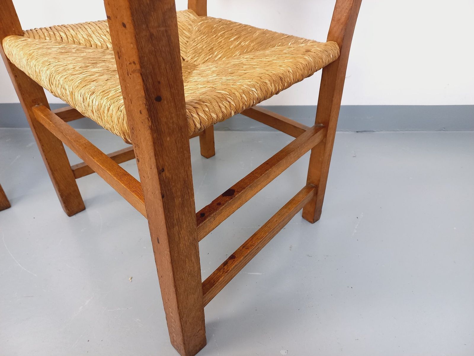 photo for sale 2 Brutalist Armchairs In Oak And Straw