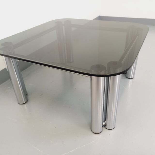 photo for sale Space Age Italian Square Coffee Table In Smoked Glass And Chrome Metal