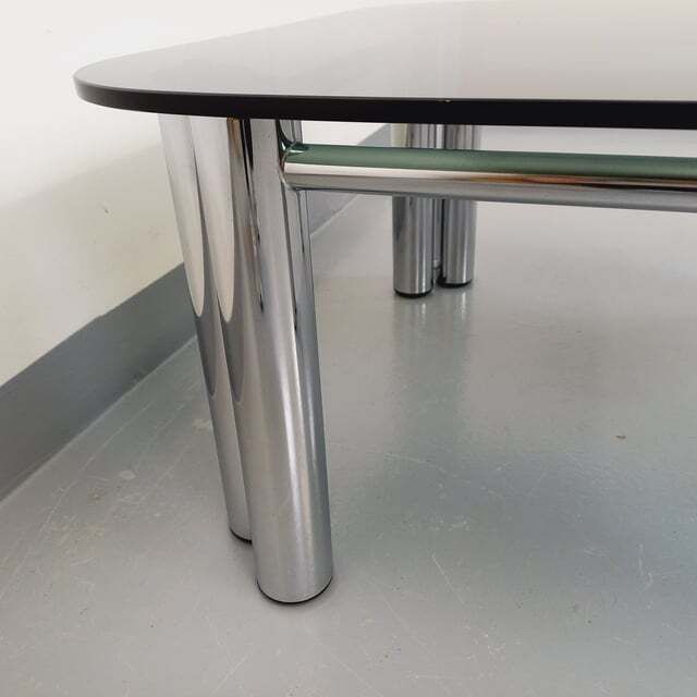 Furniture Space Age Italian Square Coffee Table In Smoked Glass And Chrome Metal photo