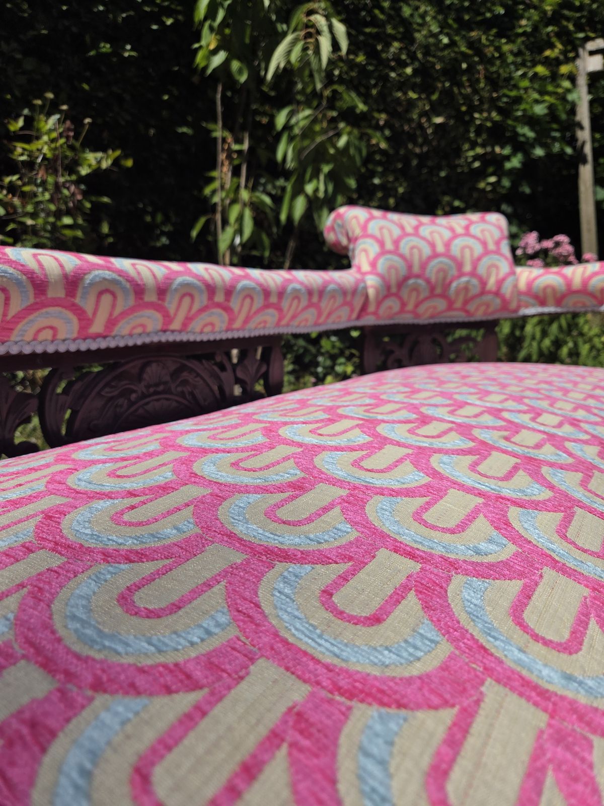 Antique Chaise Longue With Pink & Blue Velvet Upholstery photo furniture