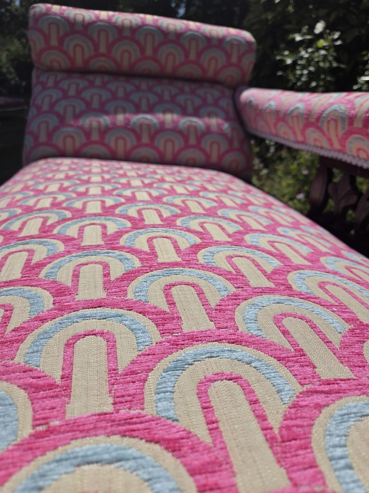 Antique Chaise Longue With Pink & Blue Velvet Upholstery photo 2550.0