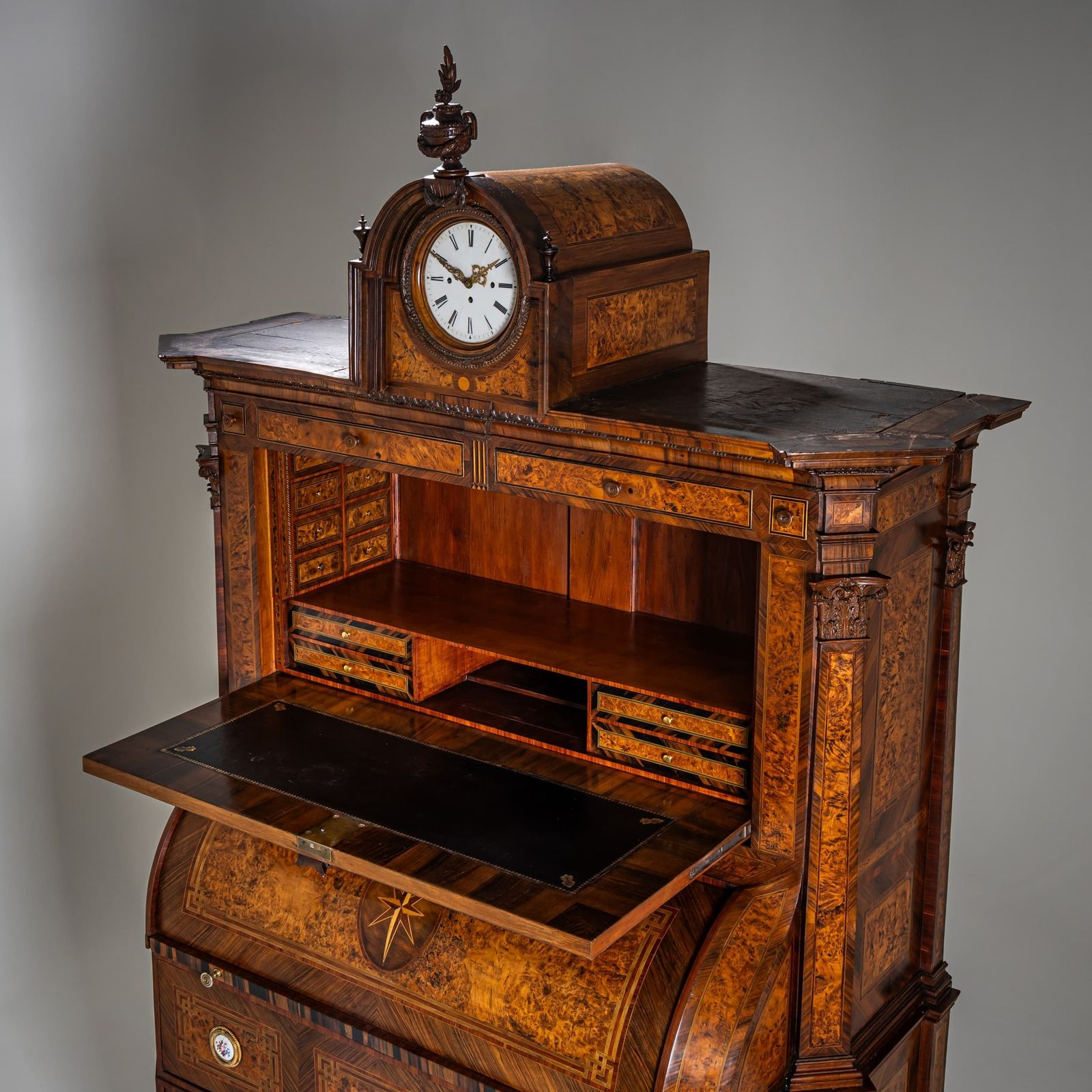 Neoclassical Cylinder Secretary Desk With Clock, Circa 1780 photo for sale