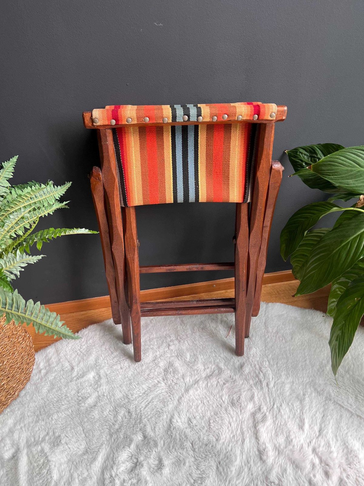 photo for sale Antique Hand Carved Folding Chair, Bohemian Striped Canvas Seat, Vintage Rustic Wood Portable Chair, Mid Century Camp Stool