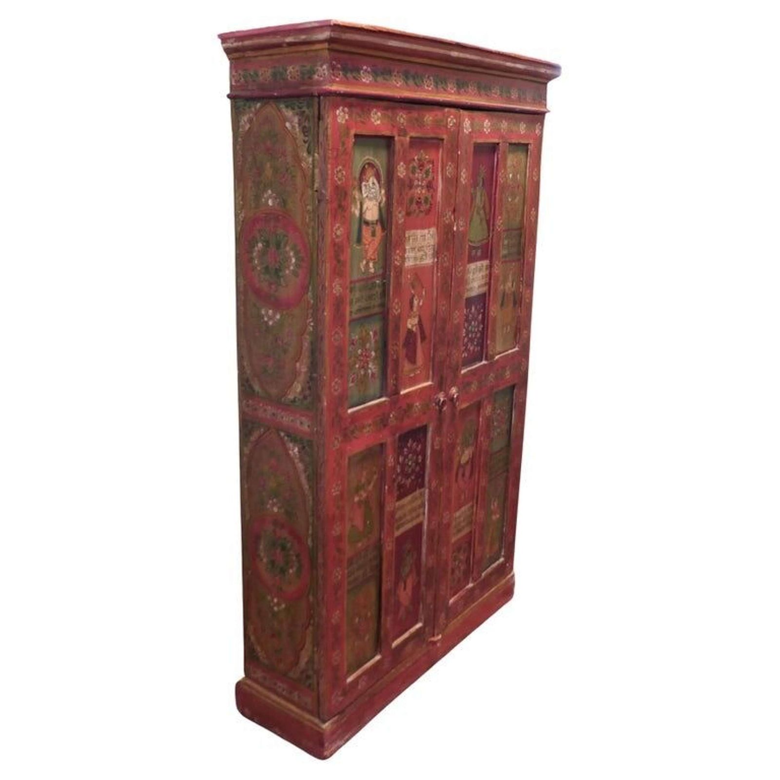 Tall Indian Folk Art Painted 5ft Shelved Cupboard