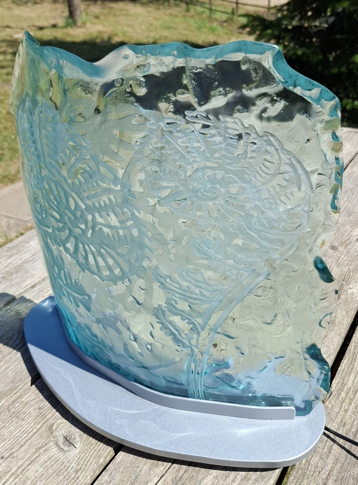 Contemporary Curved Illuminated Glass Lamp Light Sculpture Steel Base Tim Carter Unique photo for sale