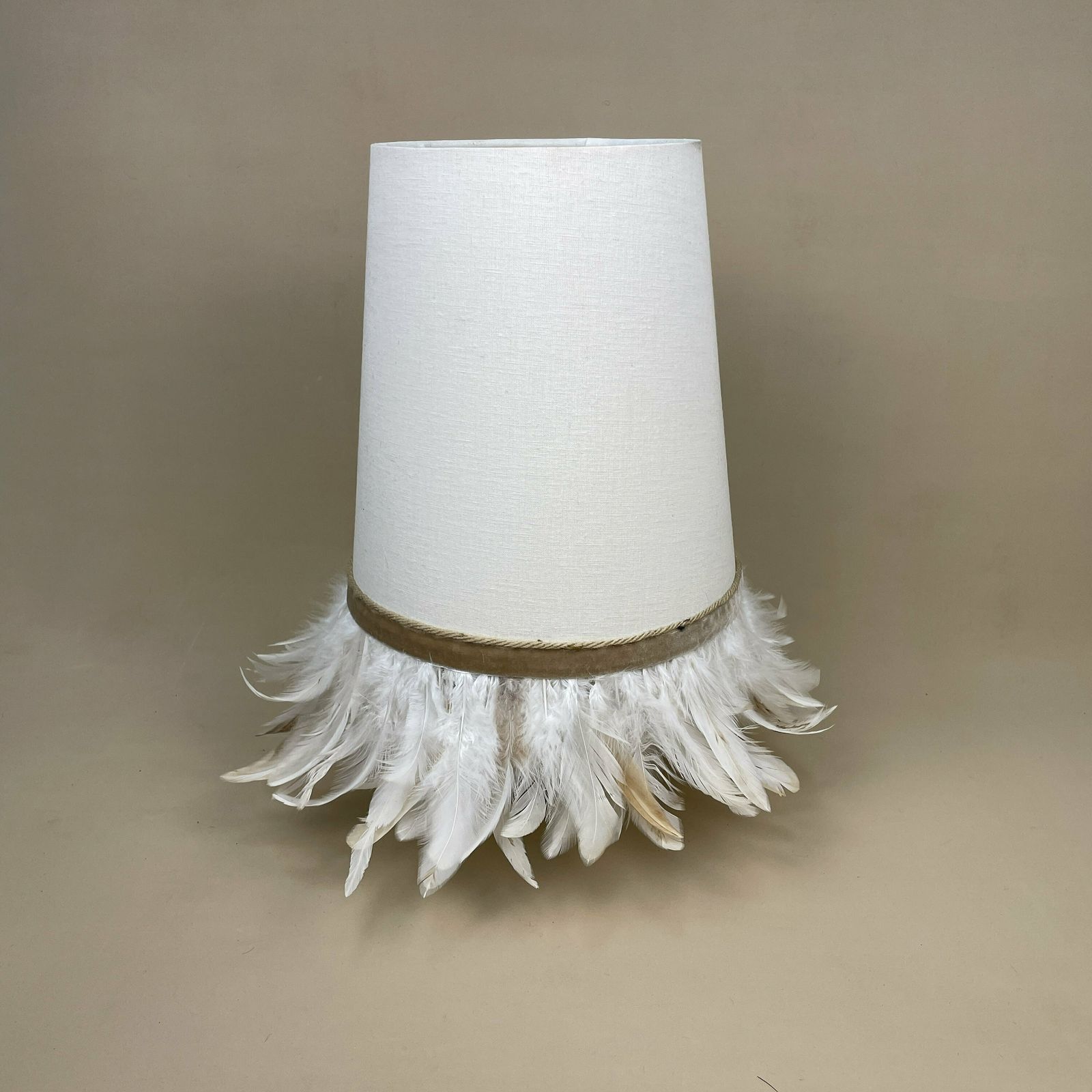 Feather Fringe Edge Detail Cone Lamp Shade Cream Lampshade Lightshade Light Natural Beige Bedside Classic Velvet Ribbon Handmade Unique