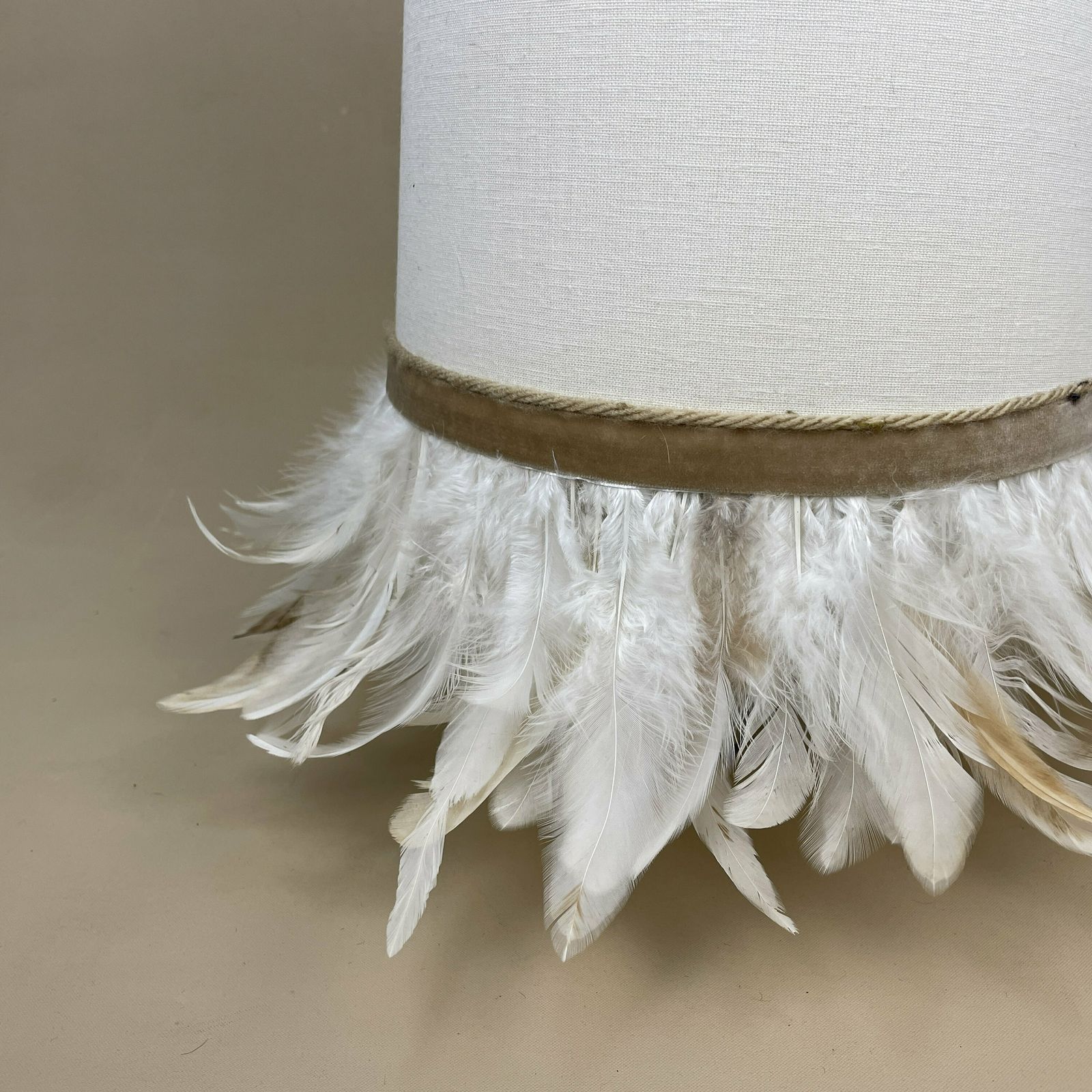Feather Fringe Edge Detail Cone Lamp Shade Cream Lampshade Lightshade Light Natural Beige Bedside Classic Velvet Ribbon Handmade Unique photo furniture