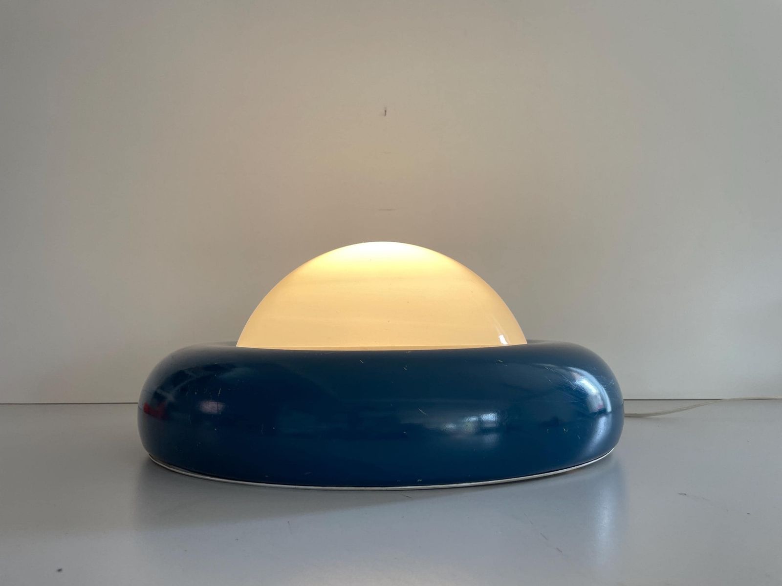 Opal Glass And Dark Blue Metal Body Flush Mount Light By Valenti, 1960s, Italy photo vintage