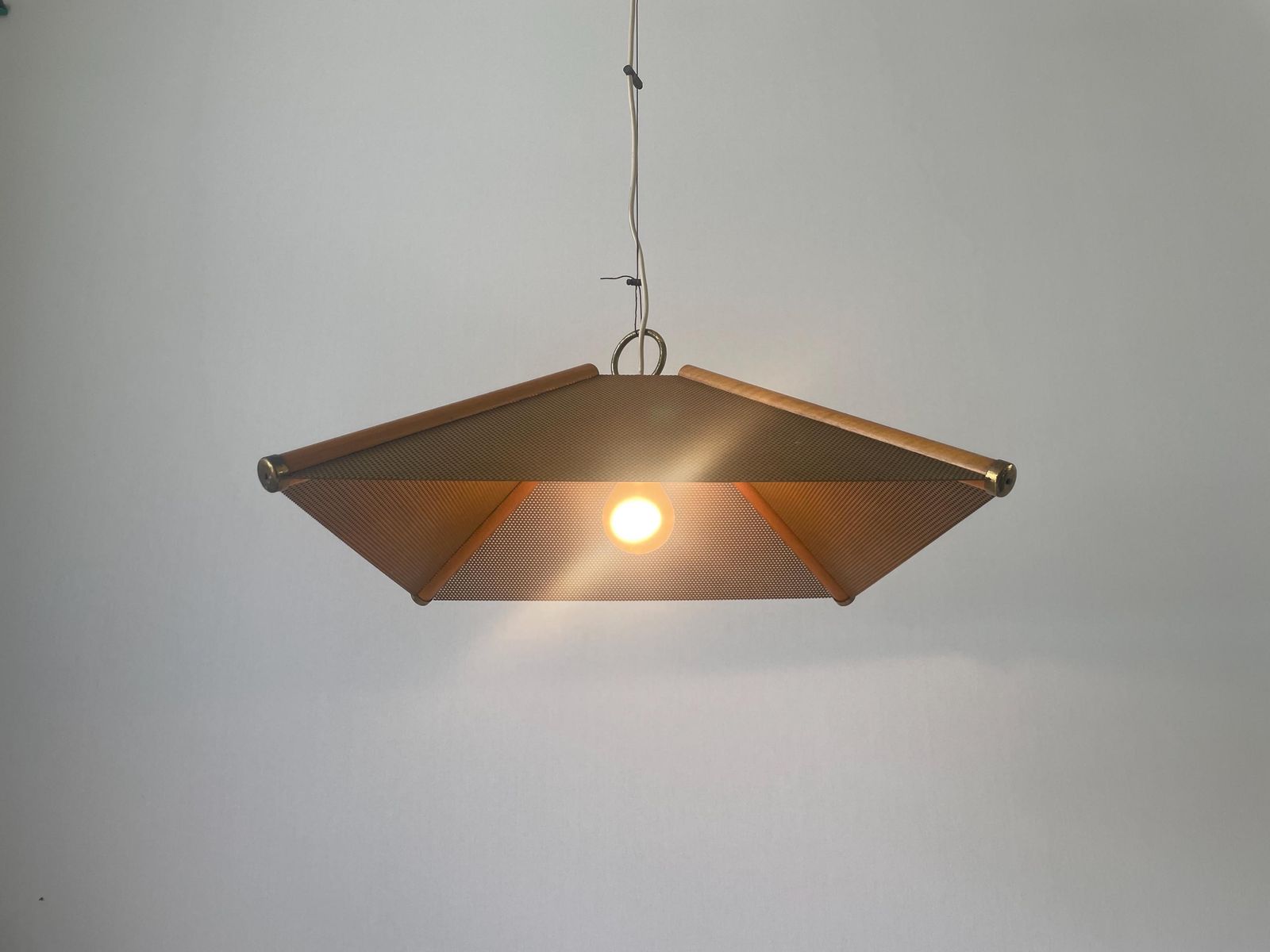 4 Leaves Wood Lines And Metal Body Pendant Lamp, 1960s, Italy photo buy
