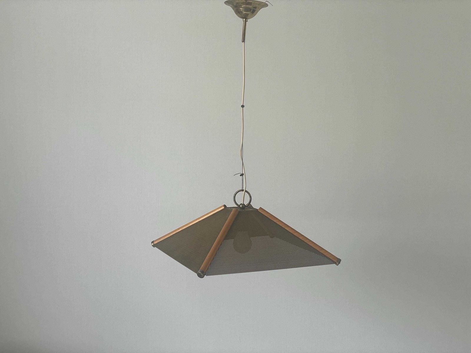 photo for sale 4 Leaves Wood Lines And Metal Body Pendant Lamp, 1960s, Italy