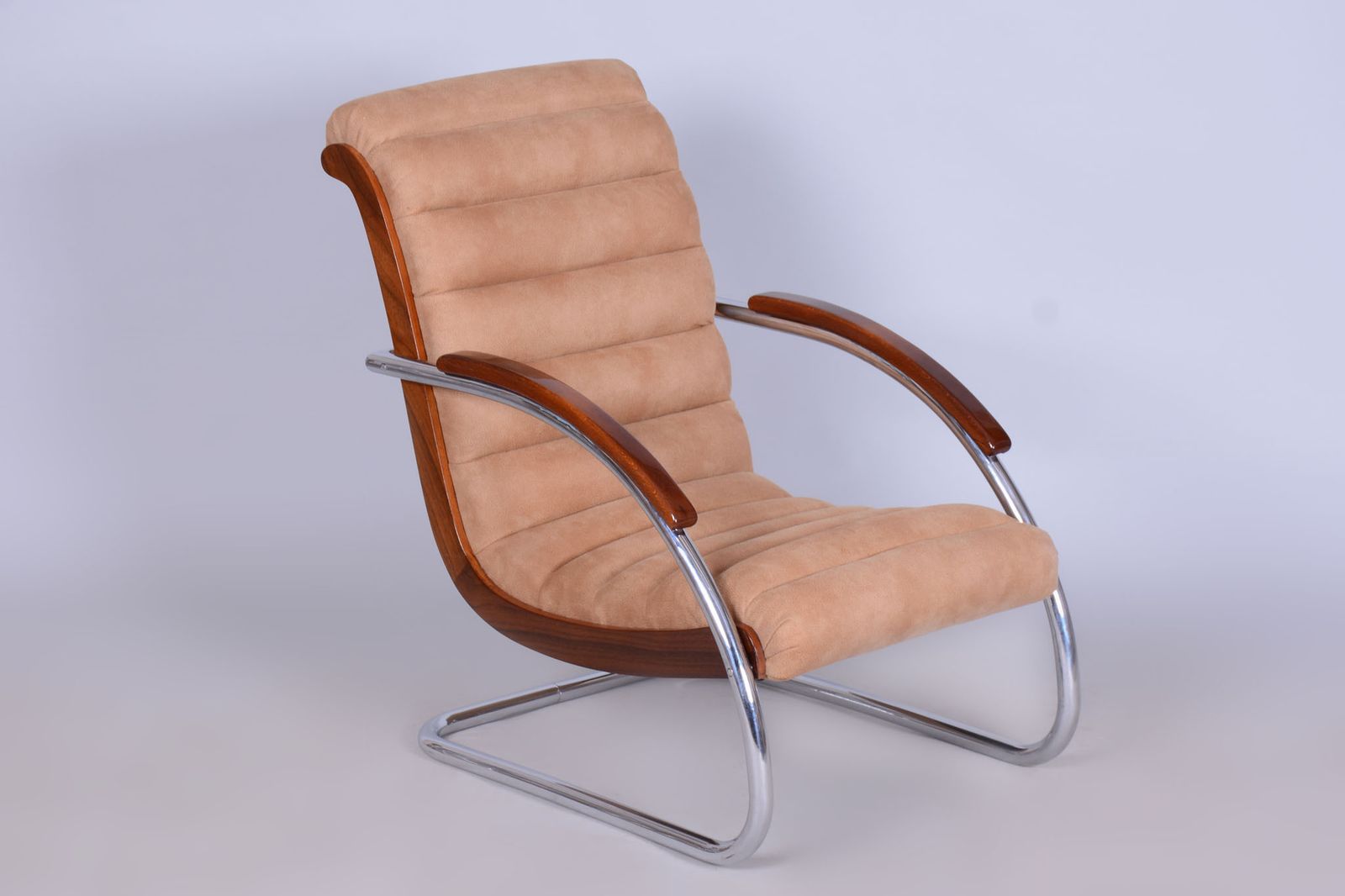 Restored Bauhaus Armchair, By R. Slezak, Model K32, Beech, Chrome, Czech, 1930s