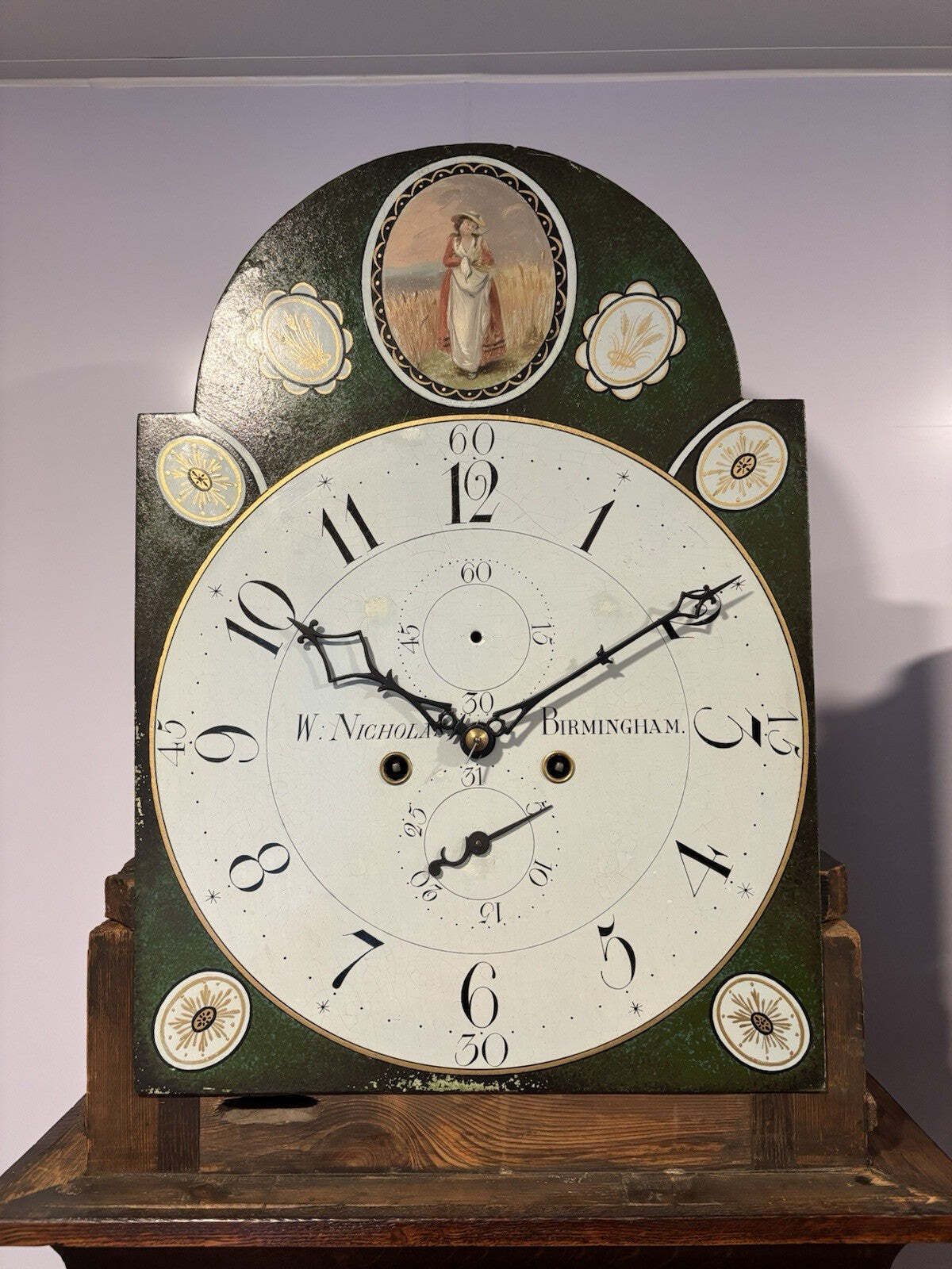 Birmingham, W Nicholas Georgian 8 Day Painted Face, Oak Longcase Clock. photo for sale