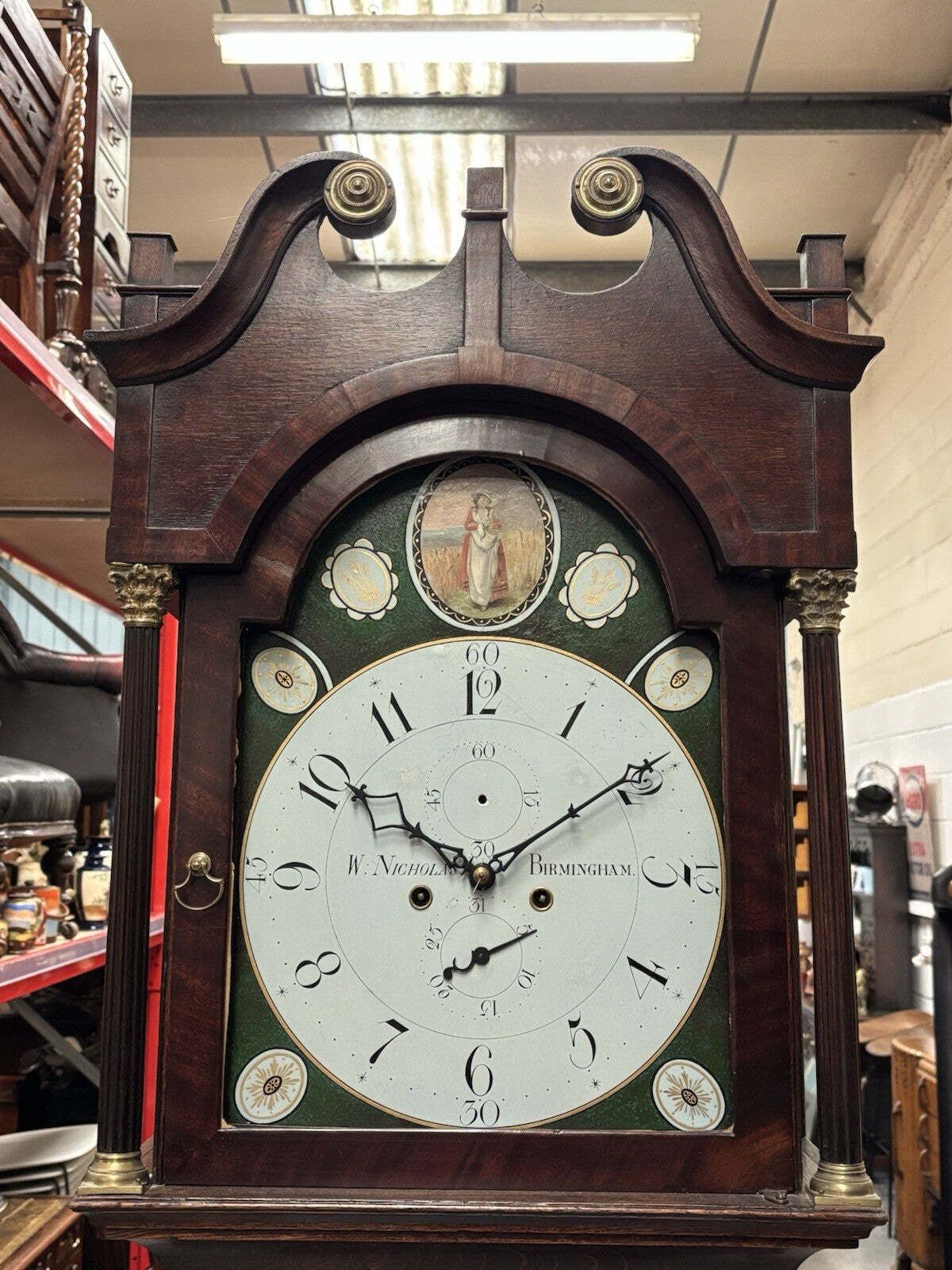 photo vintage Birmingham, W Nicholas Georgian 8 Day Painted Face, Oak Longcase Clock.