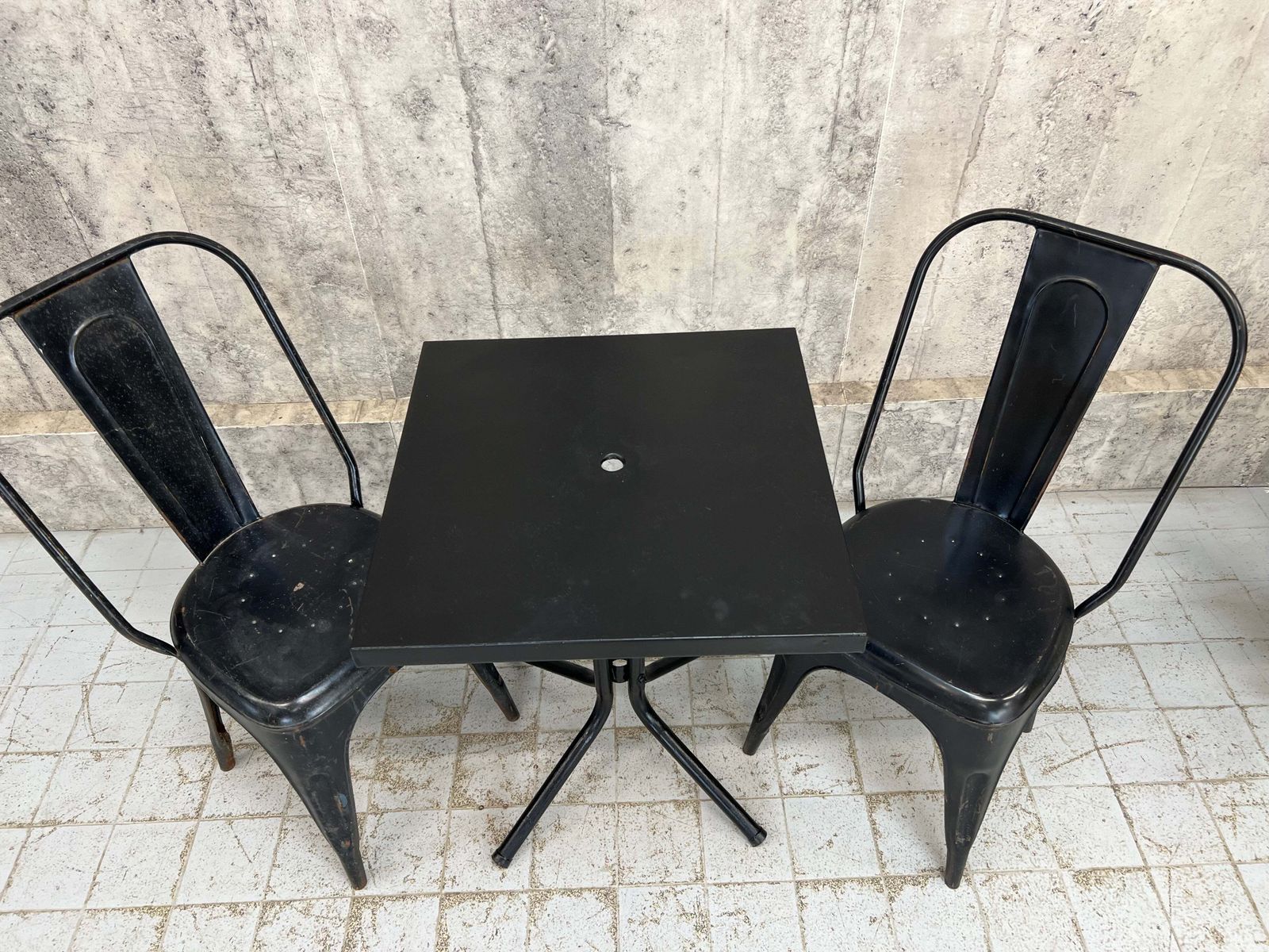 Black Tolix Metal Garden Table And Two Chairs photo vintage
