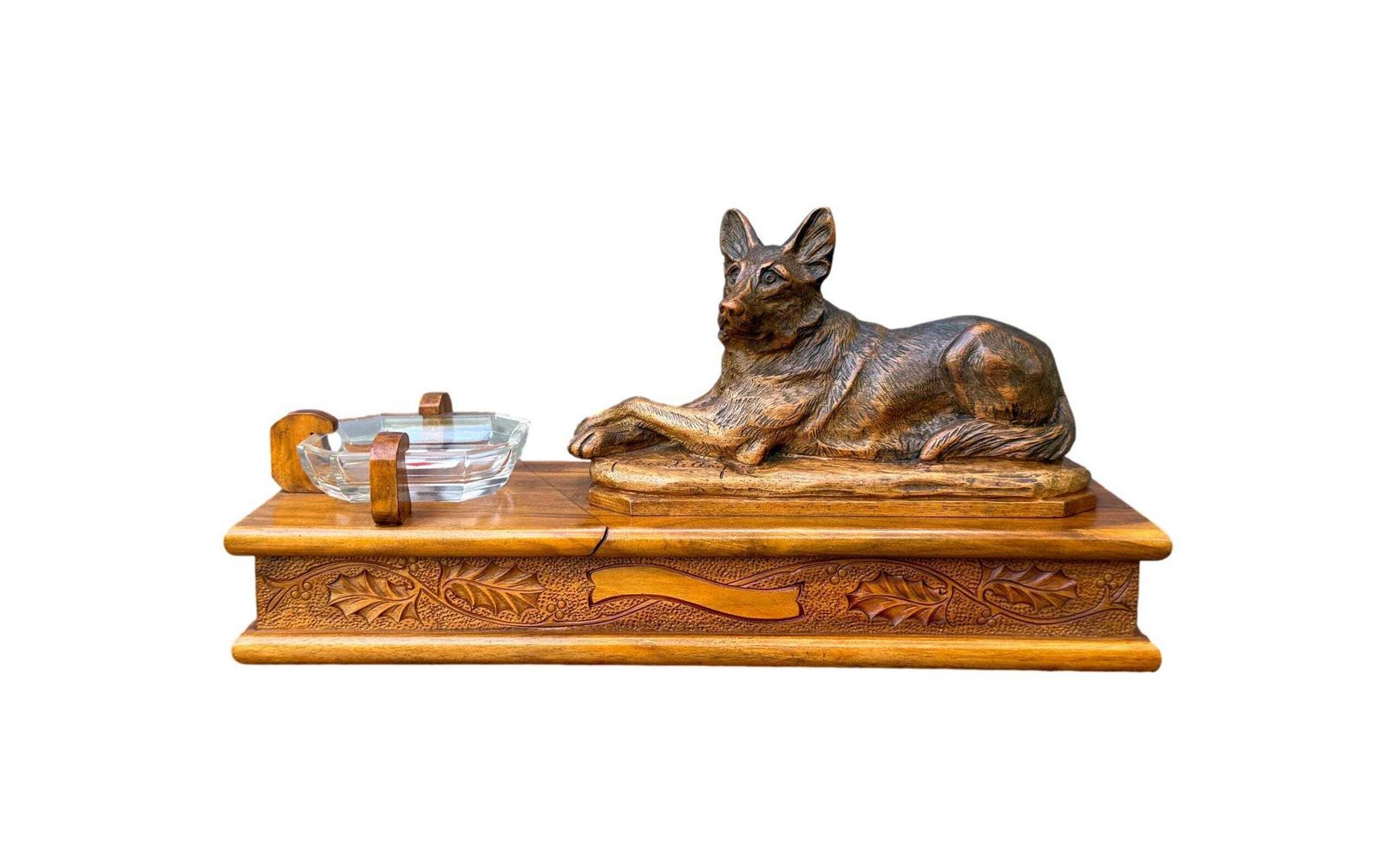 Antique Walnut Card Box With German Shepherd Sculpture, Signed A. Boutillon, 20th Century Dog Decor Gift