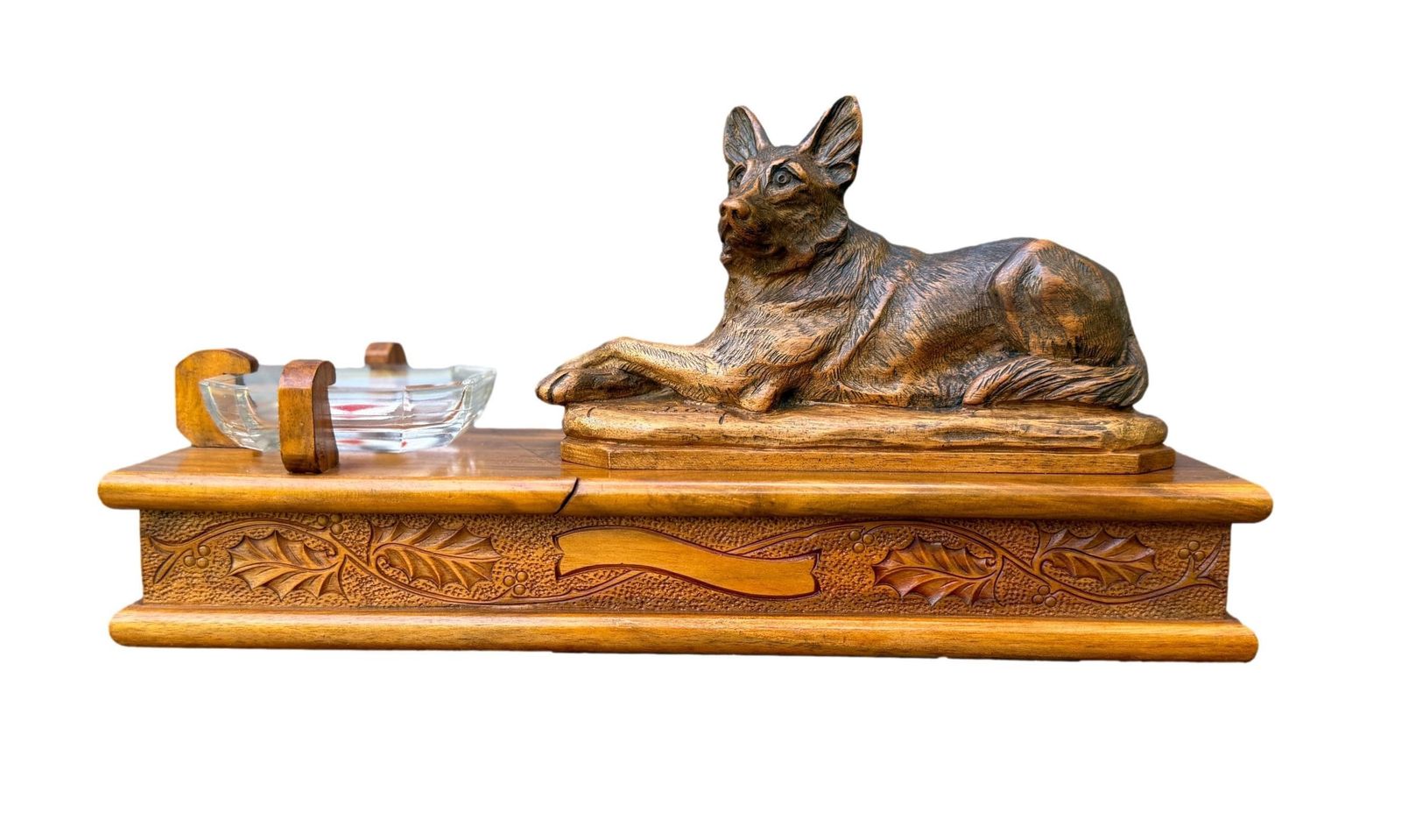Antique Walnut Card Box With German Shepherd Sculpture, Signed A. Boutillon, 20th Century Dog Decor Gift photo for sale