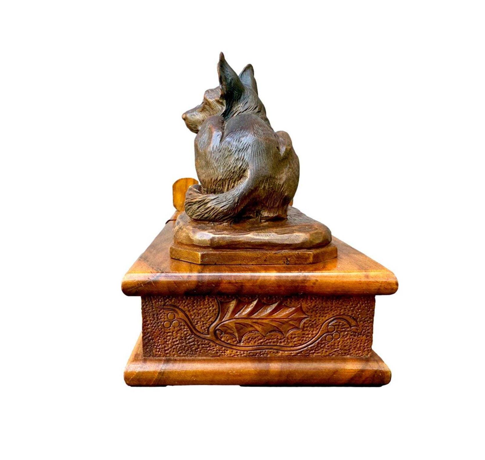 Antique Walnut Card Box With German Shepherd Sculpture, Signed A. Boutillon, 20th Century Dog Decor Gift photo vinterior