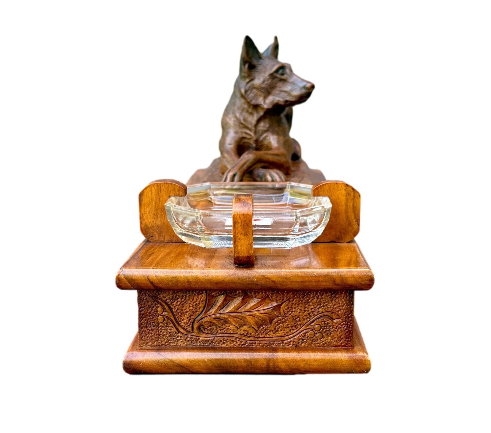 Antique Walnut Card Box With German Shepherd Sculpture, Signed A. Boutillon, 20th Century Dog Decor Gift photo vintage