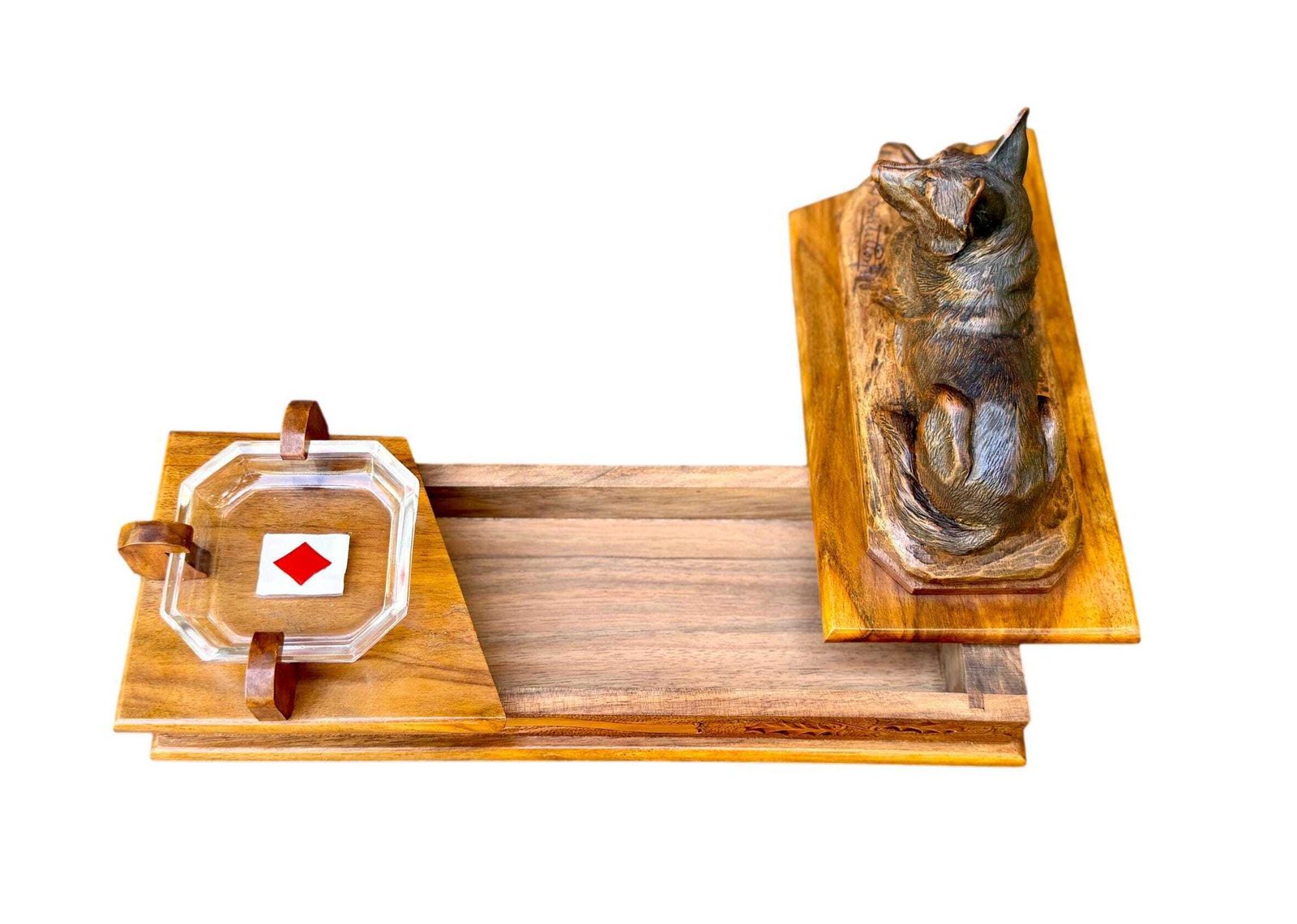 photo for sale Antique Walnut Card Box With German Shepherd Sculpture, Signed A. Boutillon, 20th Century Dog Decor Gift