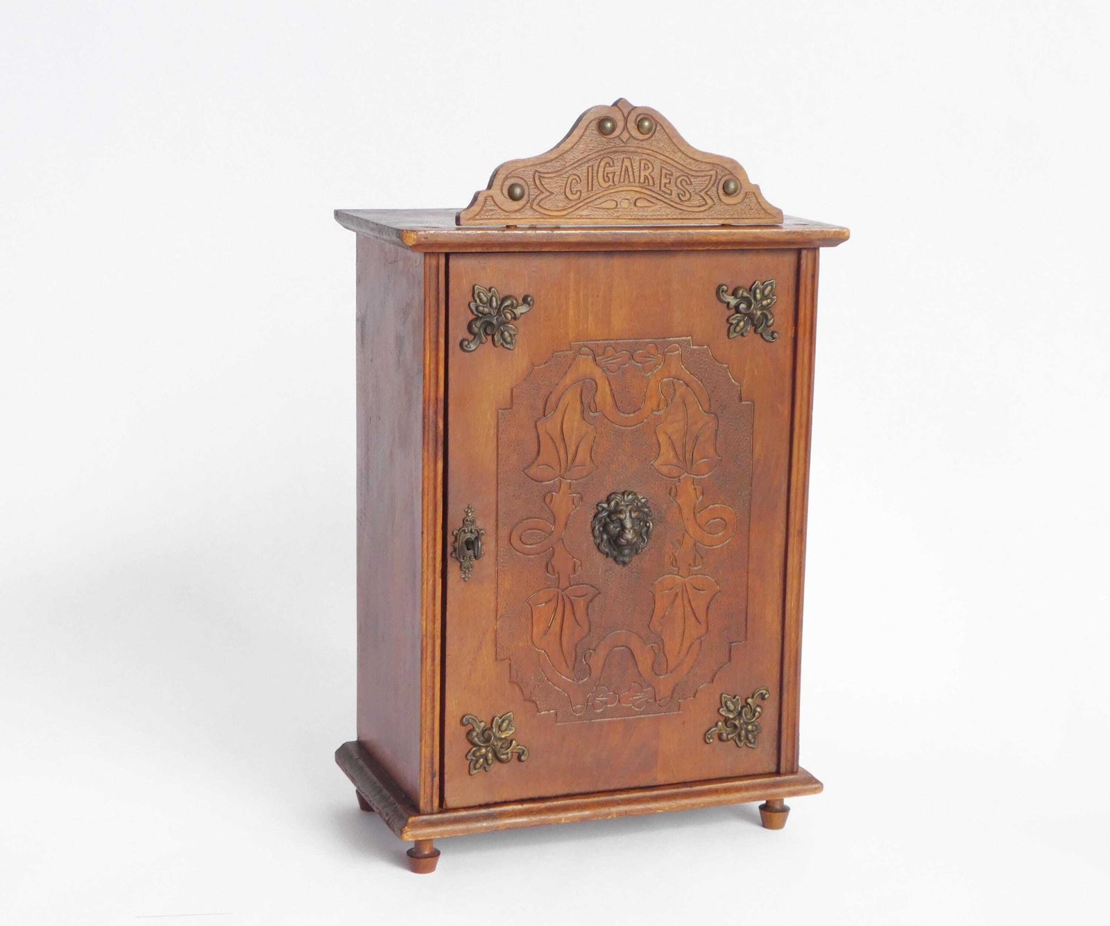 Antique Small Wooden Cabinet With Bronze Ornaments & Carved Details, Art Nouveau Cigar Cabinet With Lock And Key photo furniture