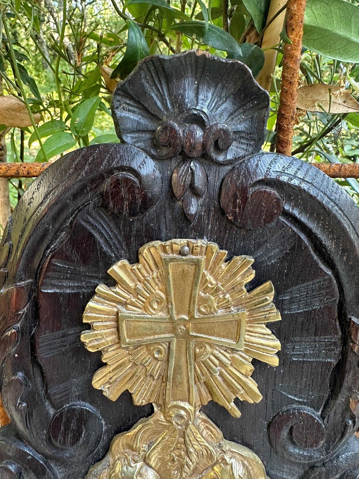 Antique French Wall Religious Plaque, Carved Oak & Gilt Bronze Cross With Cherubs, Rococo Devotional Wall Decor, 19th photo 262.0